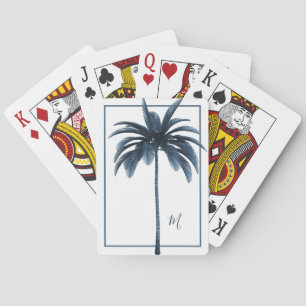 Palm Tree White Blue Tropical Elegant Monogram Playing Cards