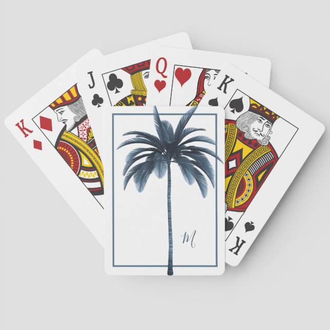 Palm Tree White Blue Tropical Elegant Monogram    Playing Cards (Back)