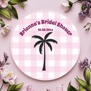 Palm Tree White Pink Chequered Bridal Shower Classic Round Sticker