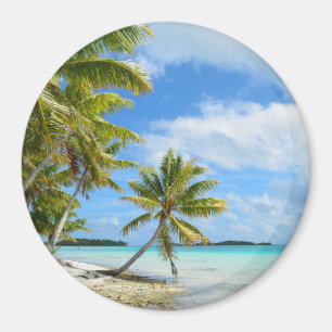 Palm tree white sand beach round magnet