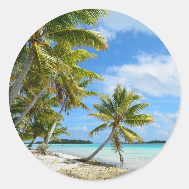 Palm tree white sand beach round sticker (Front)
