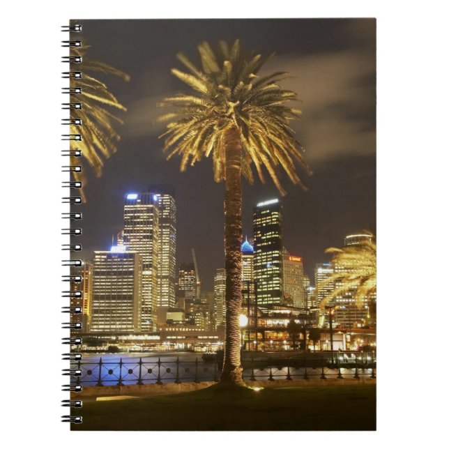 Palm Trees and CBD at Night, Sydney, New South Spiral Notebook (Front)