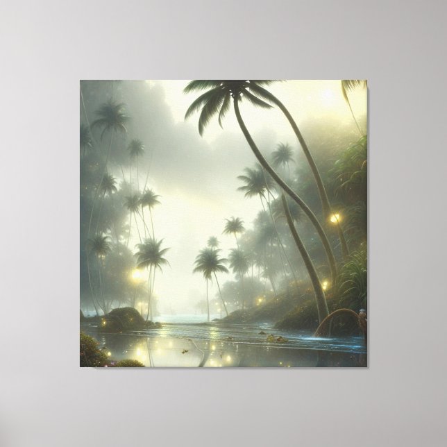 Palm Trees and Ocean Foggy Day Canvas Print (Front)