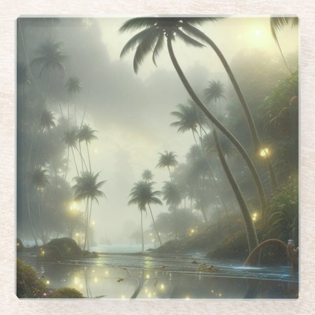 Palm Trees and Ocean Foggy Day Glass Coaster (Front)