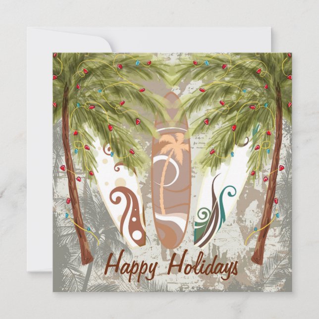 Palm Trees and Surfboards Beach Christmas Holiday Card (Front)