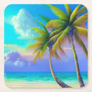 Palm Trees as Night Falls Tropical  Square Paper Coaster
