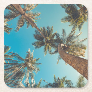 Palm Trees at Tropical Beach Vintage Square Paper Coaster