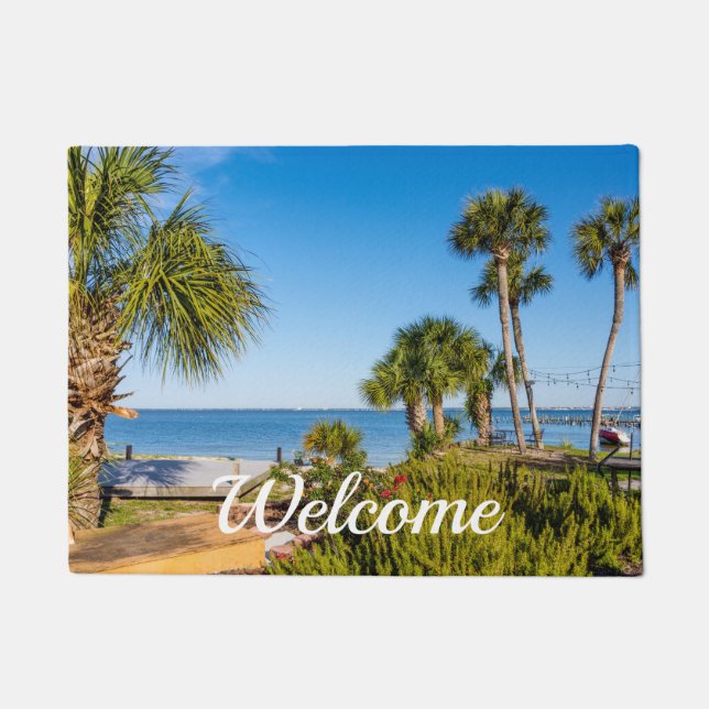 Palm Trees Bayside Morning Welcome Doormat (Front)