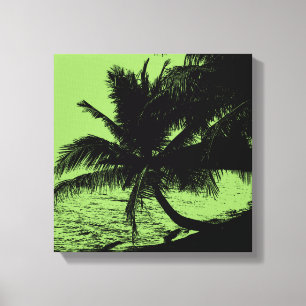 Palm trees, Beach, and Sea - Green Canvas Print