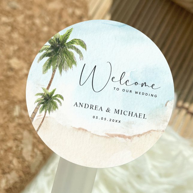 Palm Trees Beach Destination Wedding Welcome Classic Round Sticker (Creator Uploaded)