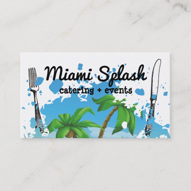 Palm trees beach ocean fork utensils chef catering business card (Front)