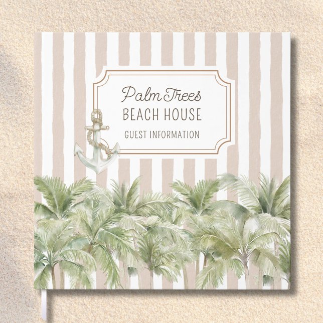 Palm Trees Beige Stripes Beach House Guest Book (In situ)