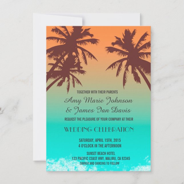 Palm trees blue ocean beach wedding invites beach2 (Front)