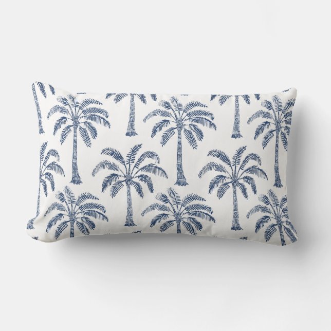 Palm Trees Blue White Lumbar Pillow (Front)