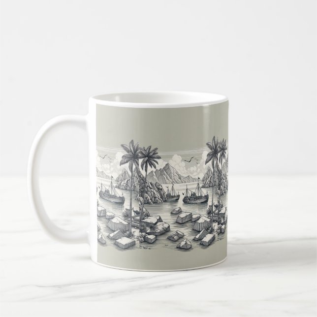 Palm trees boats beach coffee tea mug cup (Left)