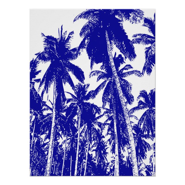 Palm Trees Design Blue & White Posterised Effect Poster (Front)