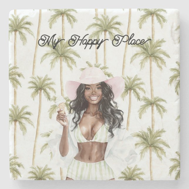 Palm Trees Happy Place Black Lady Bathing Suit Stone Coaster (Front)