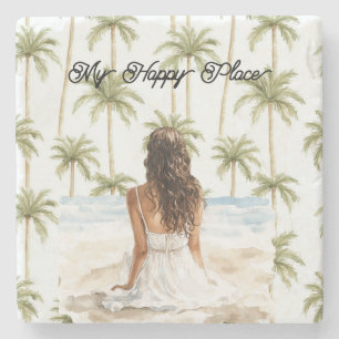 Palm Trees Happy Place Brown Hair Lady Dress Stone Coaster
