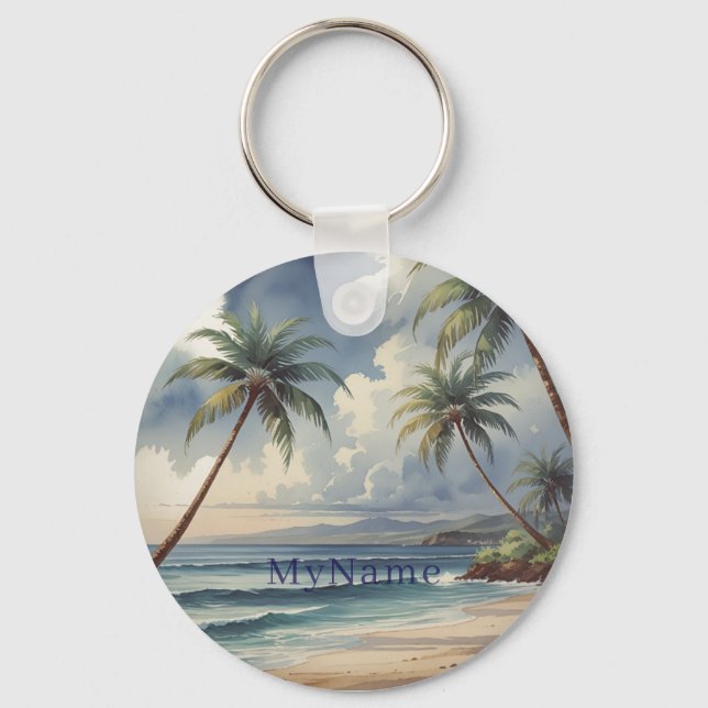 Palm Trees Hawaiian Travel Blue Sea Add Name Key Ring (Front)