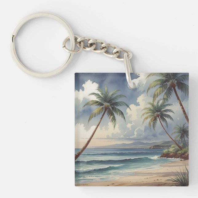 Palm Trees Hawaiian Travel Honolulu Blue Sea Key Ring (Front)