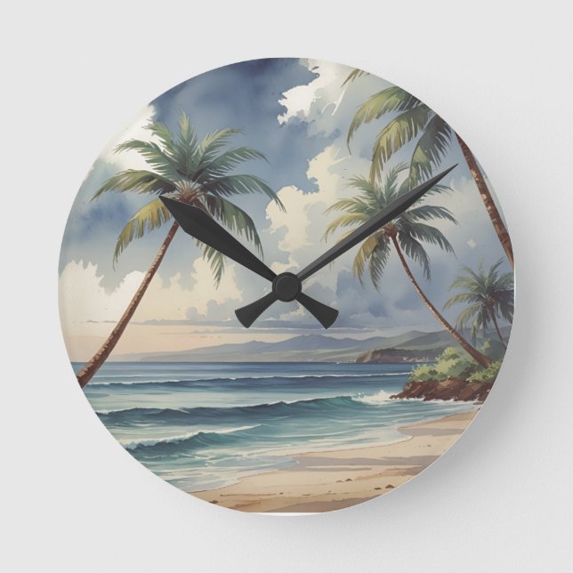 Palm Trees Hawaiian Travel Honolulu Blue Sea Round Clock (Front)