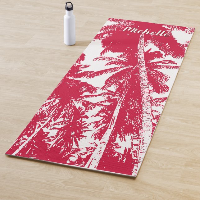 Palm Trees in a Red and White Posterised Design Yoga Mat (In Situ)