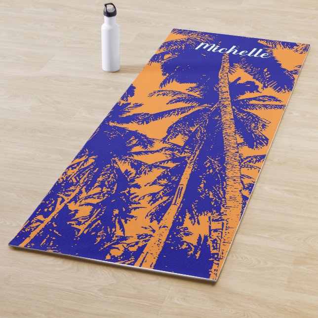 Palm Trees in an Orange and Blue Posterised Design Yoga Mat (In Situ)