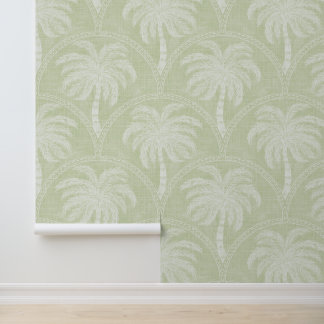 Palm Trees in Pastel Green Arch Motifs Textured Wallpaper