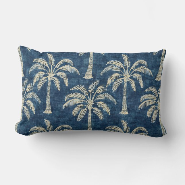 Palm Trees Indigo Blue & Cream Lumbar Pillow (Front)