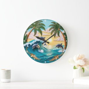 Palm Trees, Jumping Dolphins, and Ocean Sunset Large Clock