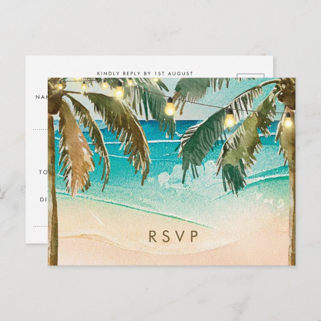 Palm trees lights beach wedding rsvp postcard (Front/Back)