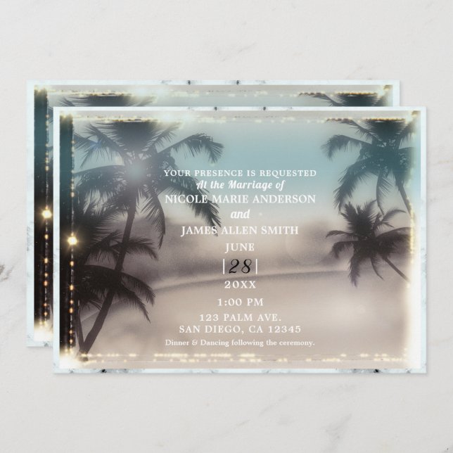 Palm Trees Lights Vintage Tropical Beach Wedding Invitation (Front/Back)