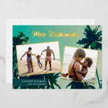 Palm Trees Mele Kalikimaka Two Photo Collage<br><div class="desc">Looking for beach themed Christmas cards to send to family and friends? This stunning holiday photo card features a painting of palm trees as the background, as well as 2 photo templates. Stylish typography reads, "Mele Kallikimaka" in real foil, and the photos are framed in foil, as well. Easy to...</div>