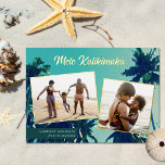 Palm Trees Mele Kalikimaka Two Photo Collage<br><div class="desc">Looking for beach themed Christmas cards to send to family and friends? This stunning holiday photo card features a painting of palm trees as the background, as well as 2 photo templates. Stylish typography reads, "Mele Kallikimaka" in real foil, and the photos are framed in foil, as well. Easy to...</div>