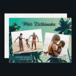Palm Trees Mele Kalikimaka Two Photo    Holiday Card<br><div class="desc">Looking for beach themed Christmas cards to send to family and friends? This stunning holiday photo card features a painting of palm trees as the background,  as well as 2 photo templates. Stylish typography reads,  "Mele Kallikimaka." Easy to personalise! The back contains a sand design over a white background.</div>