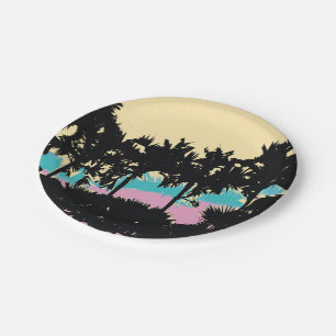 Palm Trees Modern Pink Yellow Blue Abstract Paper Plate