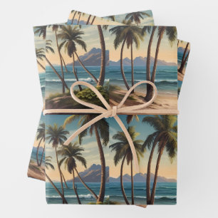 Palm trees on an island beach looking over the sea wrapping paper sheet