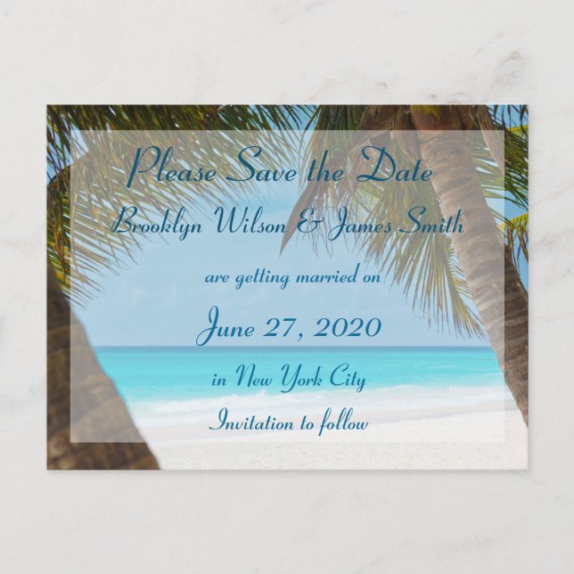 Palm Trees On Beach Wedding Save The Date Postcard (Front)