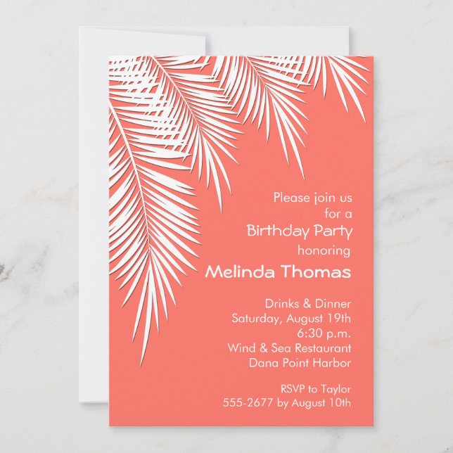 Palm Trees on Living Coral Birthday Invitations (Front)