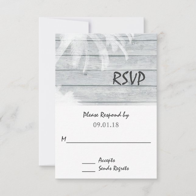 Palm Trees on Wood Beach Wedding RSVP (Front)