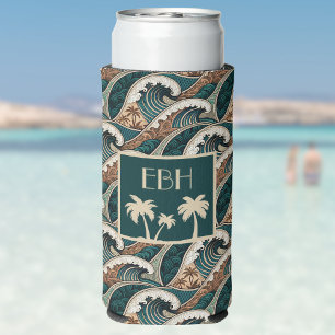 Palm Trees Polynesian Waves Vintage Beach Monogram Seltzer Can Cooler
