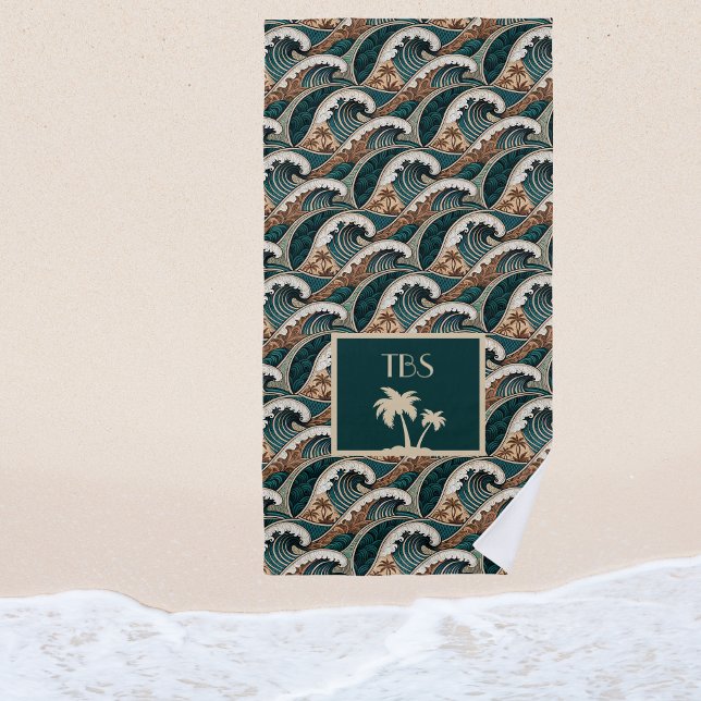 Palm Trees Polynesian Waves Vintage Beach Monogram Towel (Creator Uploaded)