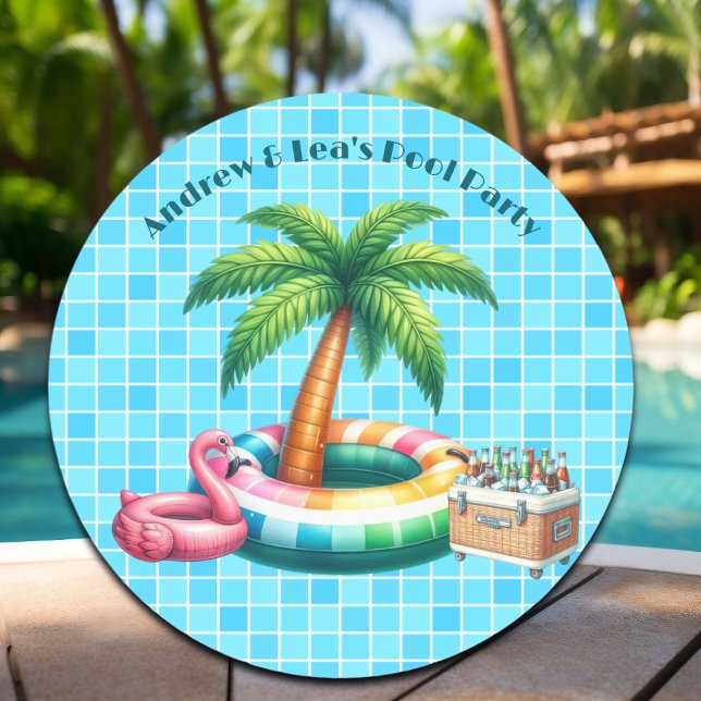 Palm Trees Pool Party Flamingo Classic Round Sticker (Creator Uploaded)