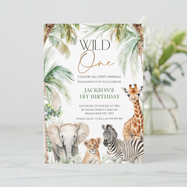Palm Trees Safari Animals Wild One 1st Birthday Invitation (Standing Front)
