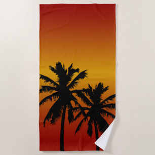 Palm Trees Silhouette In Orange Sunset Beach Towel