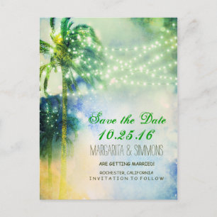 palm trees string lights beach save the date announcement postcard