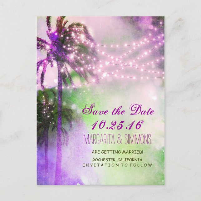 palm trees string lights beach save the date announcement postcard (Front)