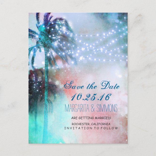 palm trees string lights beach save the date announcement postcard (Front)