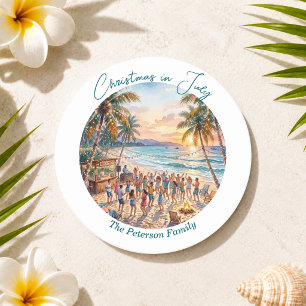 Palm Trees String Lights Party Christmas in July Round Paper Coaster