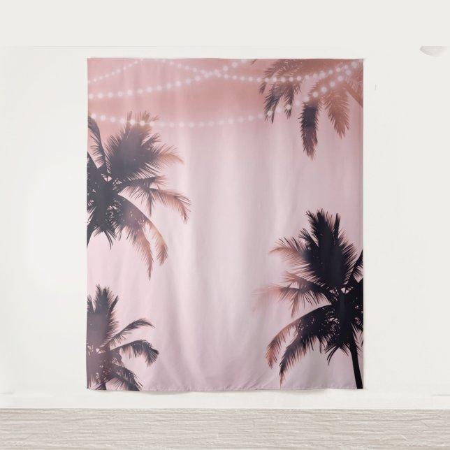 Palm Trees String Lights Pink Photography Backdrop Tapestry (Front)